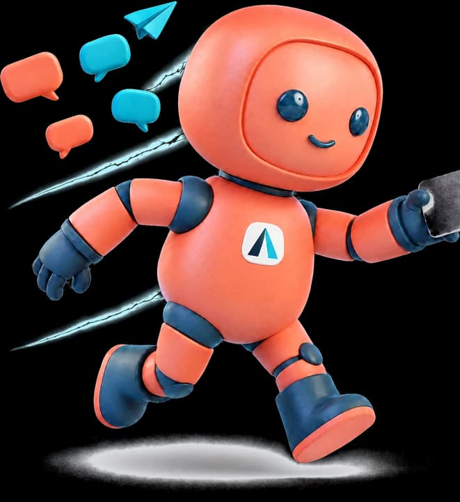 The Follow-up Agent: a coral robot mascot running, with chat bubbles and a paper plane trailing behind it.