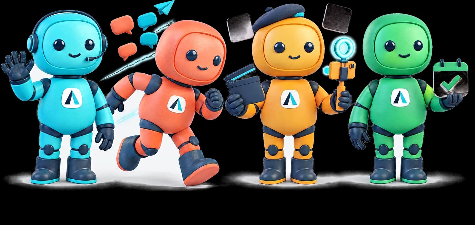 The four AiVantEdge mascots standing in a row: the cyan Receptionist, the coral Follow-up Agent, the amber Clone, and the green Booker.