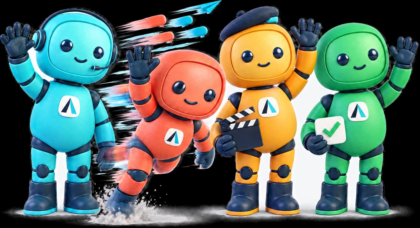 The four AiVantEdge mascots waving together: the cyan Receptionist, the coral Follow-up Agent, the amber Clone, and the green Booker.